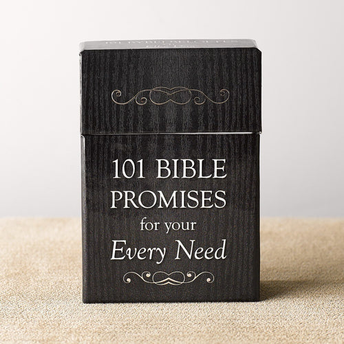 Black sturdy lidded box with white text "101 Bible Promises for Your Every Need" and decorative gold scrollwork