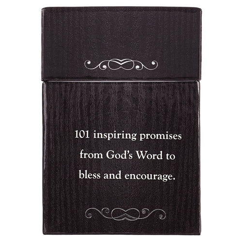 Black wooden box with white text reading "101 inspiring promises from God's Word to bless and encourage" and decorative designs