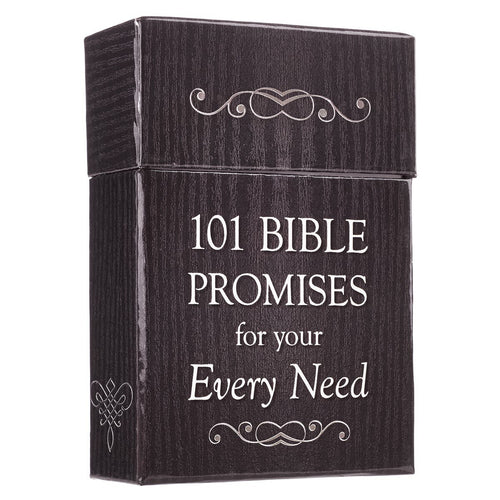 Black lidded box with white text "101 Bible Promises for Your Every Need" and decorative scroll designs