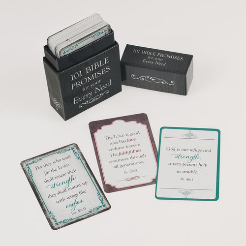 Set of 101 Bible Promise cards with black decorative box titled "101 Bible Promises for Your Every Need