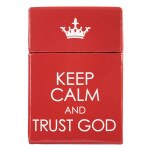 Red rectangular box with white crown icon and "Keep Calm and Trust God" text on front for blessings cards set