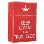 Red box labeled "Keep Calm and Trust God" with white crown graphic on top, designed for spiritual encouragement cards