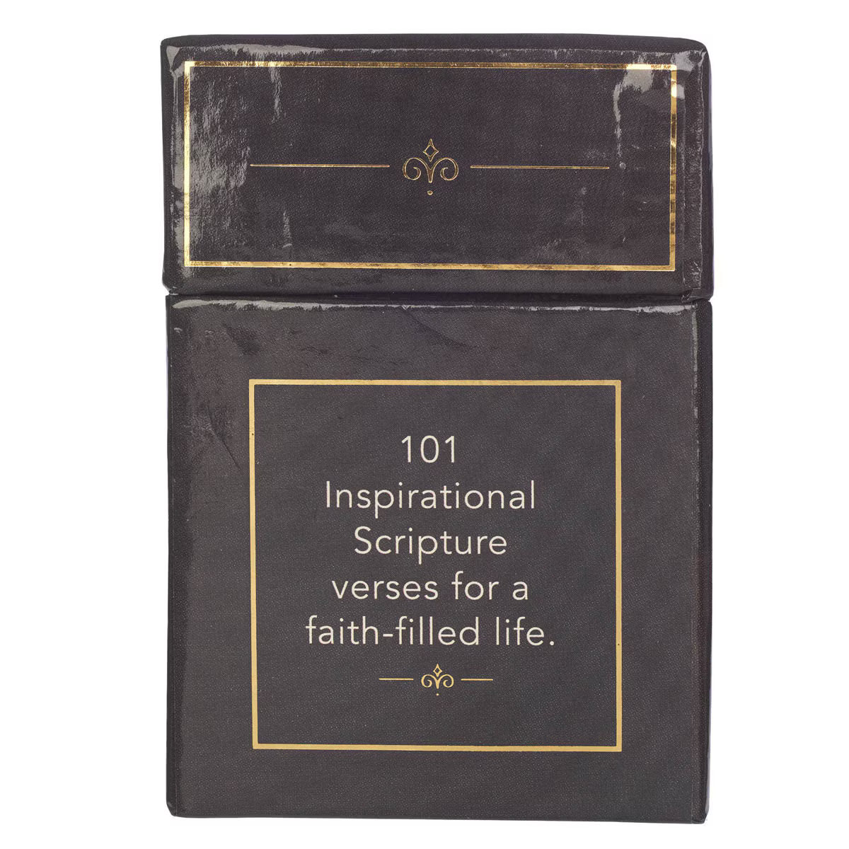 Black box with gold trim featuring "101 Inspirational Scripture verses for a faith-filled life" text on front panel