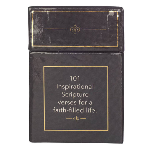 Black box with gold trim featuring "101 Inspirational Scripture verses for a faith-filled life" text on front panel