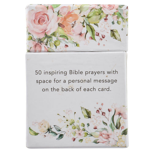 Blush pink box with watercolor floral design containing 50 inspiring Bible prayer cards with message space on back