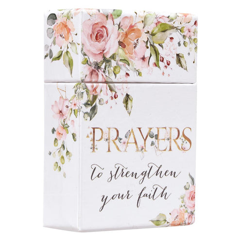 Blush pink floral box labeled "Prayers to strengthen your faith" with watercolor roses and greenery design