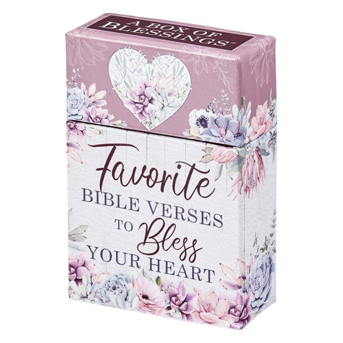 Decorative box with floral design and heart reading "Favorite Bible Verses to Bless Your Heart" titled Box of Blessings
