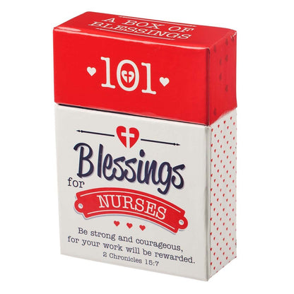 Red and white box titled 101 Blessings for Nurses with 2 Chronicles 15:7 Bible verse on front and heart designs