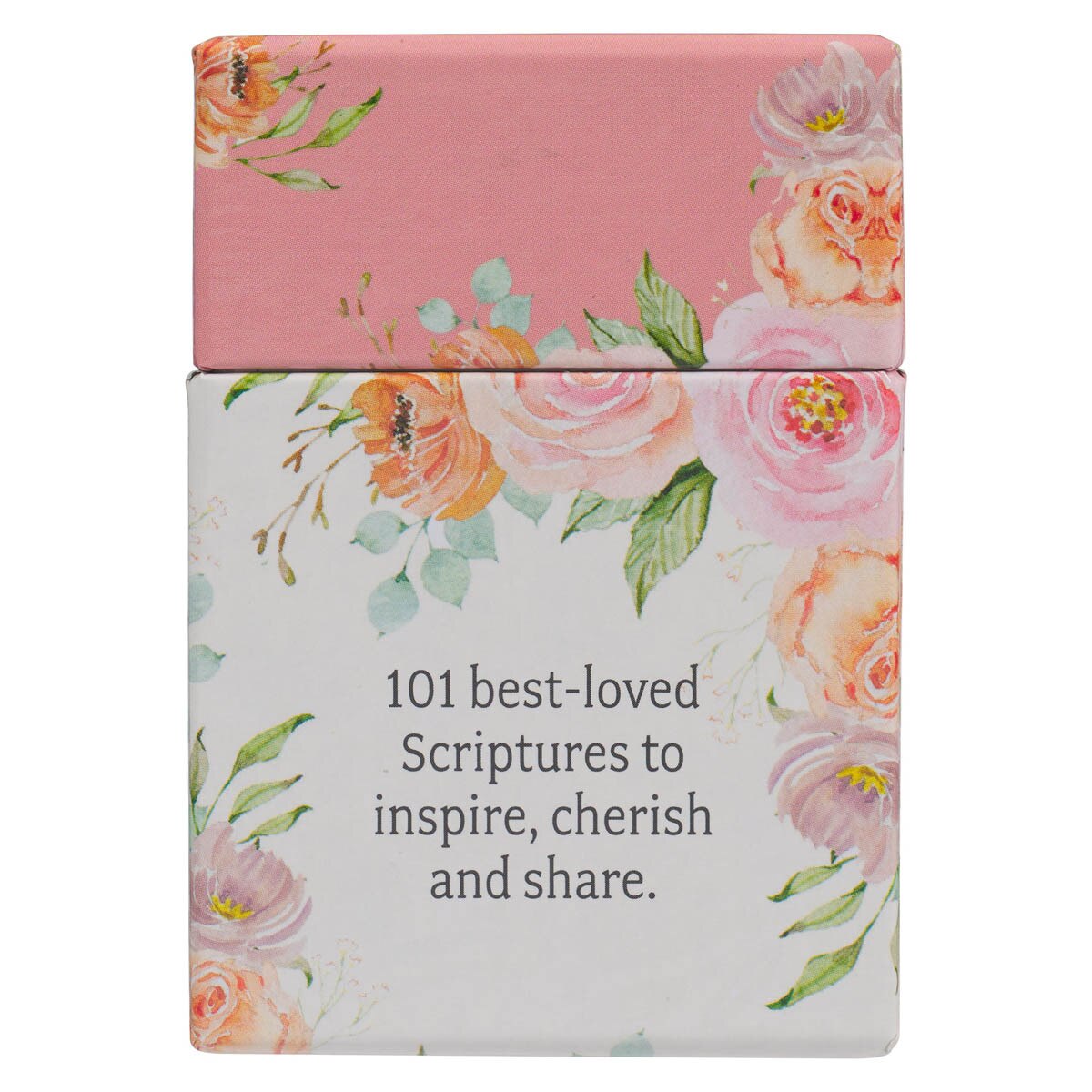 Pink floral box labeled "101 best-loved Scriptures to inspire, cherish and share" for women’s Bible verses cards