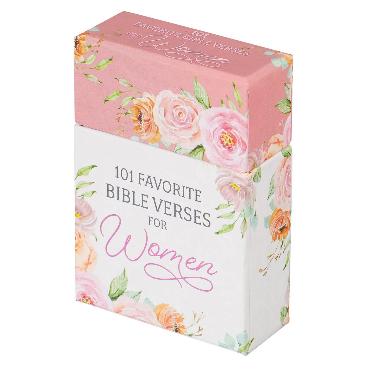 Box set titled "101 Favorite Bible Verses for Women" with pink floral design and elegant script on white background