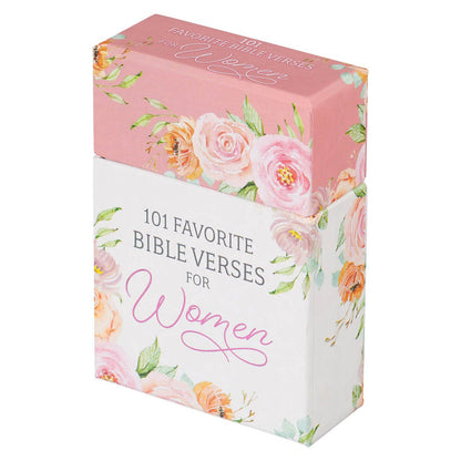 Box set titled "101 Favorite Bible Verses for Women" with pink floral design and elegant script on white background