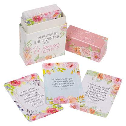 Box set of 101 favorite Bible verses for women with pink floral designs on cards and box titled Box of Blessings