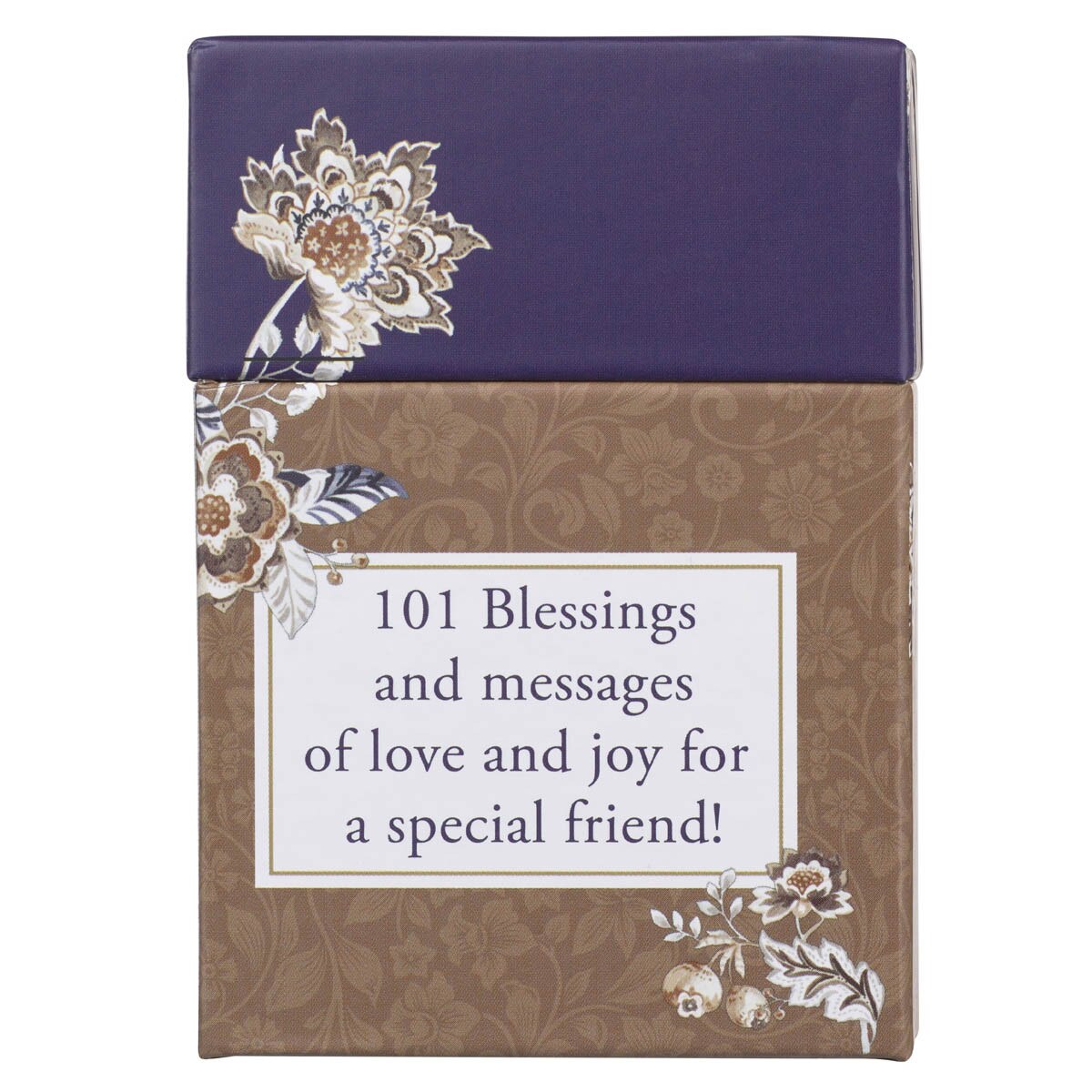 Decorated navy blue and brown box with floral designs titled 101 Blessings and messages for a special friend