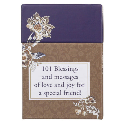 Decorated navy blue and brown box with floral designs titled 101 Blessings and messages for a special friend