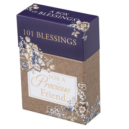 Navy blue and brown decorative box titled 101 Blessings for a Precious Friend with floral design
