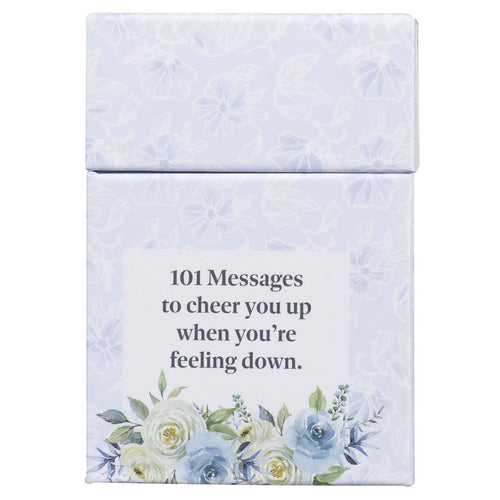 Frosty blue box with floral design and text "101 Messages to cheer you up when you’re feeling down" on front