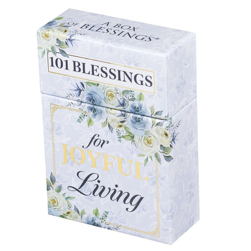 Frosty blue box labeled 101 Blessings for Joyful Living with floral design containing inspirational messages inside