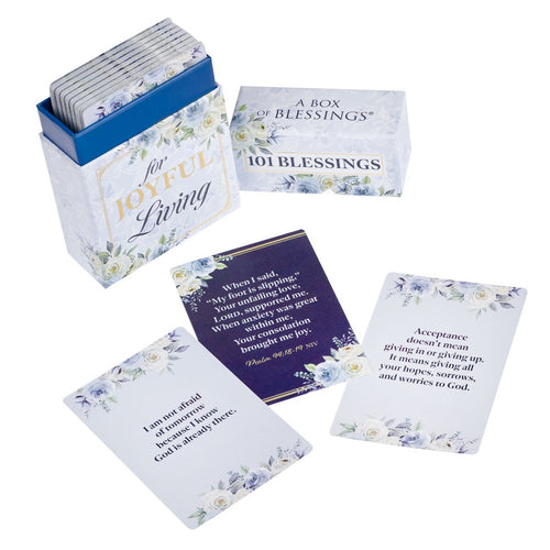 101 Blessings for Joyful Living box with decorative cards featuring inspirational quotes and floral designs