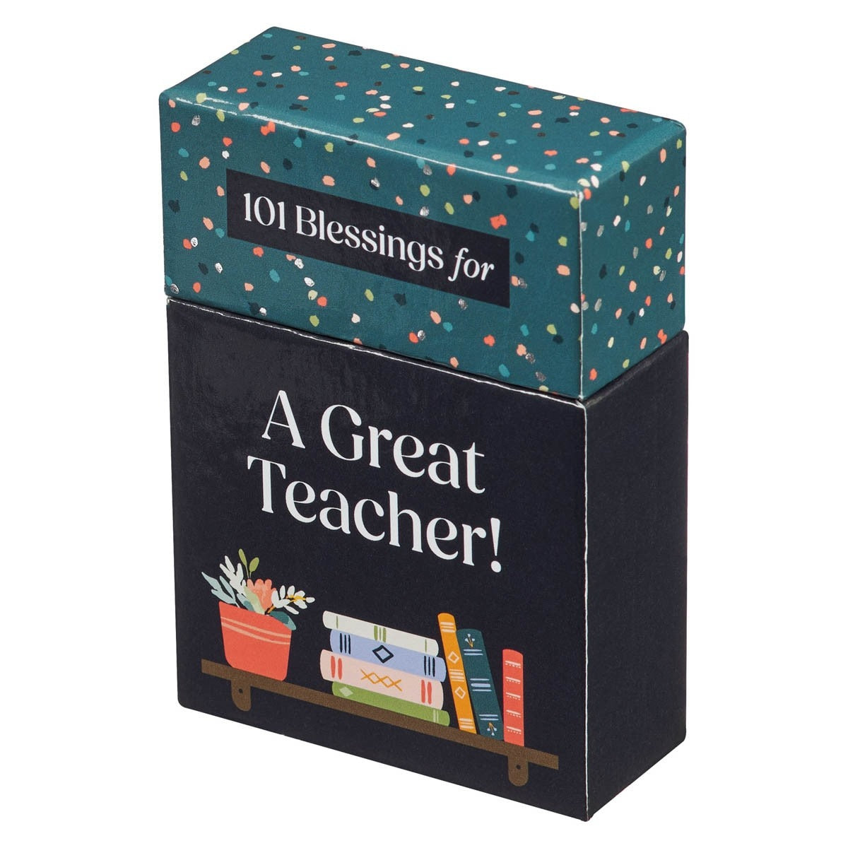 Teal confetti box with "101 Blessings for A Great Teacher" and bookshelf illustration gift box design