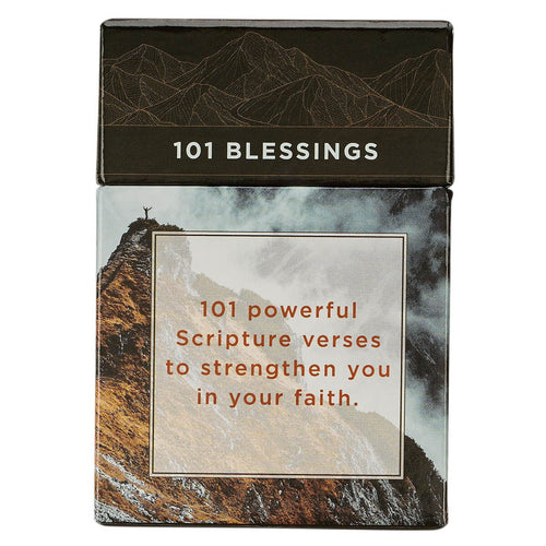 Box of 101 blessings cards with mountain design and text for powerful Scripture verses to strengthen faith