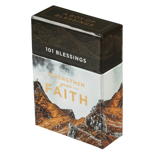 Box of Blessings with 101 blessings titled Strengthen Your Faith featuring mountain landscape and gold text