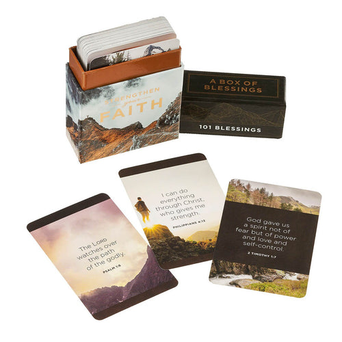 Box of 101 blessings cards titled Strengthen Your Faith with Scripture verses and nature backgrounds
