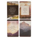 Set of four pocket-sized inspirational Scripture cards with mountain and nature backgrounds in soft earth tones