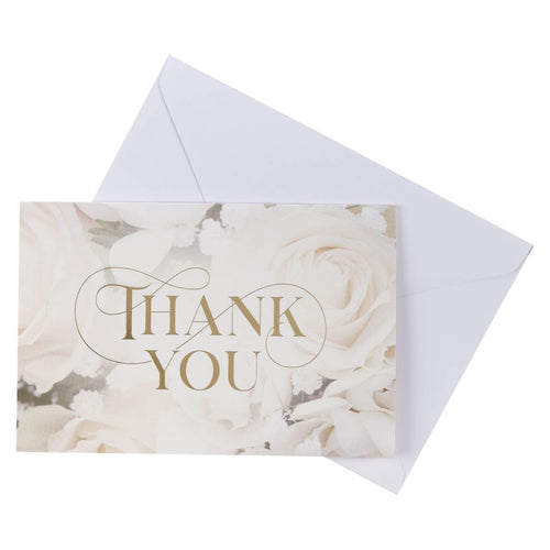 Ivory rose wedding thank you note card with elegant gold foil script and matching white envelope set