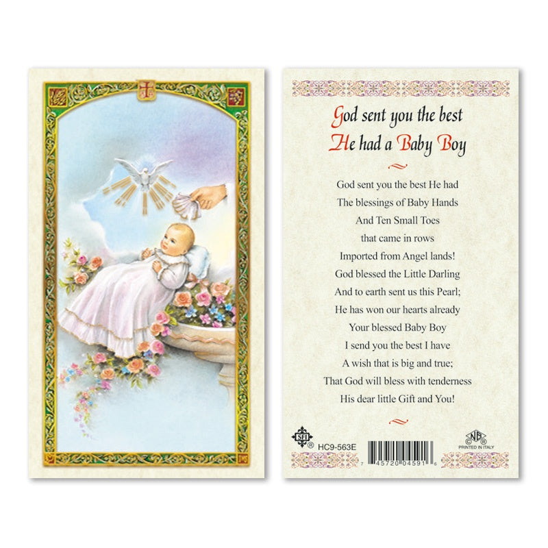 Laminated Holy Card showing baby Jesus in white gown with dove and blessing prayer on decorative gold border background