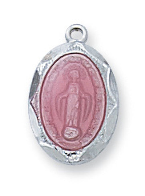 9/16" Baby pink Miraculous Medal pendant with sterling silver frame and pink epoxy center on white background