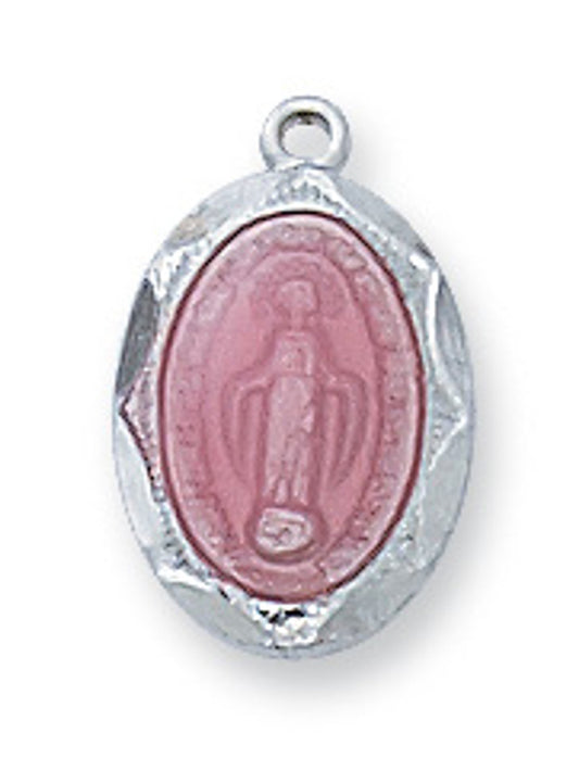 9/16" Baby pink Miraculous Medal pendant with sterling silver frame and pink epoxy center on white background