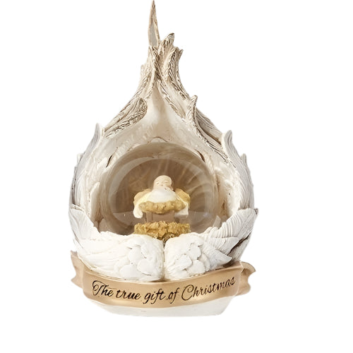Baby in angel wings dome ornament with glass globe and script base reading The true gift of Christmas, 4.5 inches tall