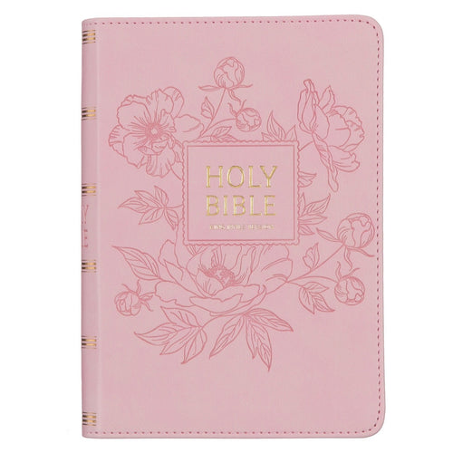 Ballet Pink compact King James Version Bible with large print, floral embossed cover, and gold foil Holy Bible text