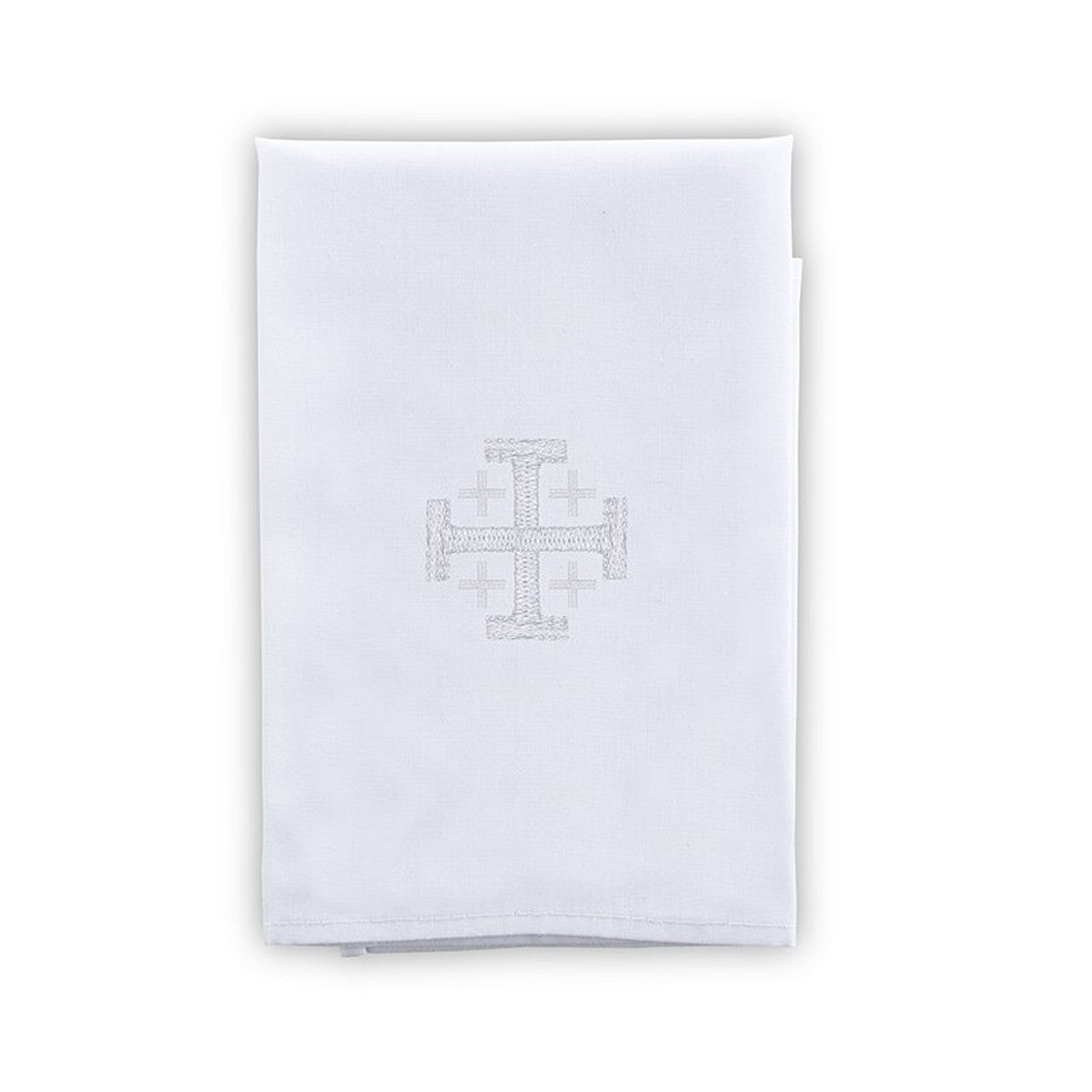 White baptismal cloth folded with embroidered Jerusalem cross in subtle white thread on smooth fabric
