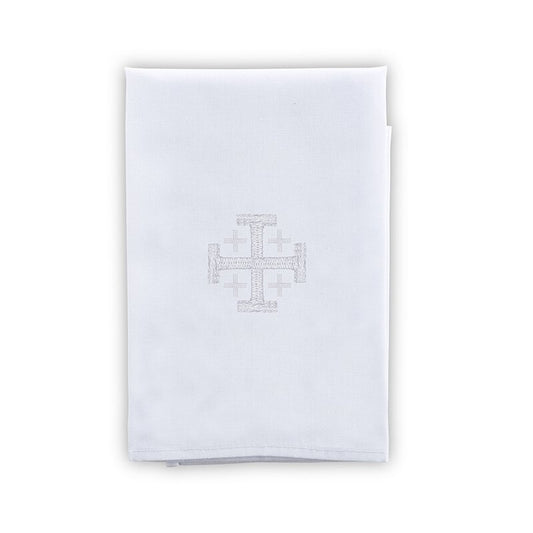 White baptismal cloth folded with embroidered Jerusalem cross in subtle white thread on smooth fabric