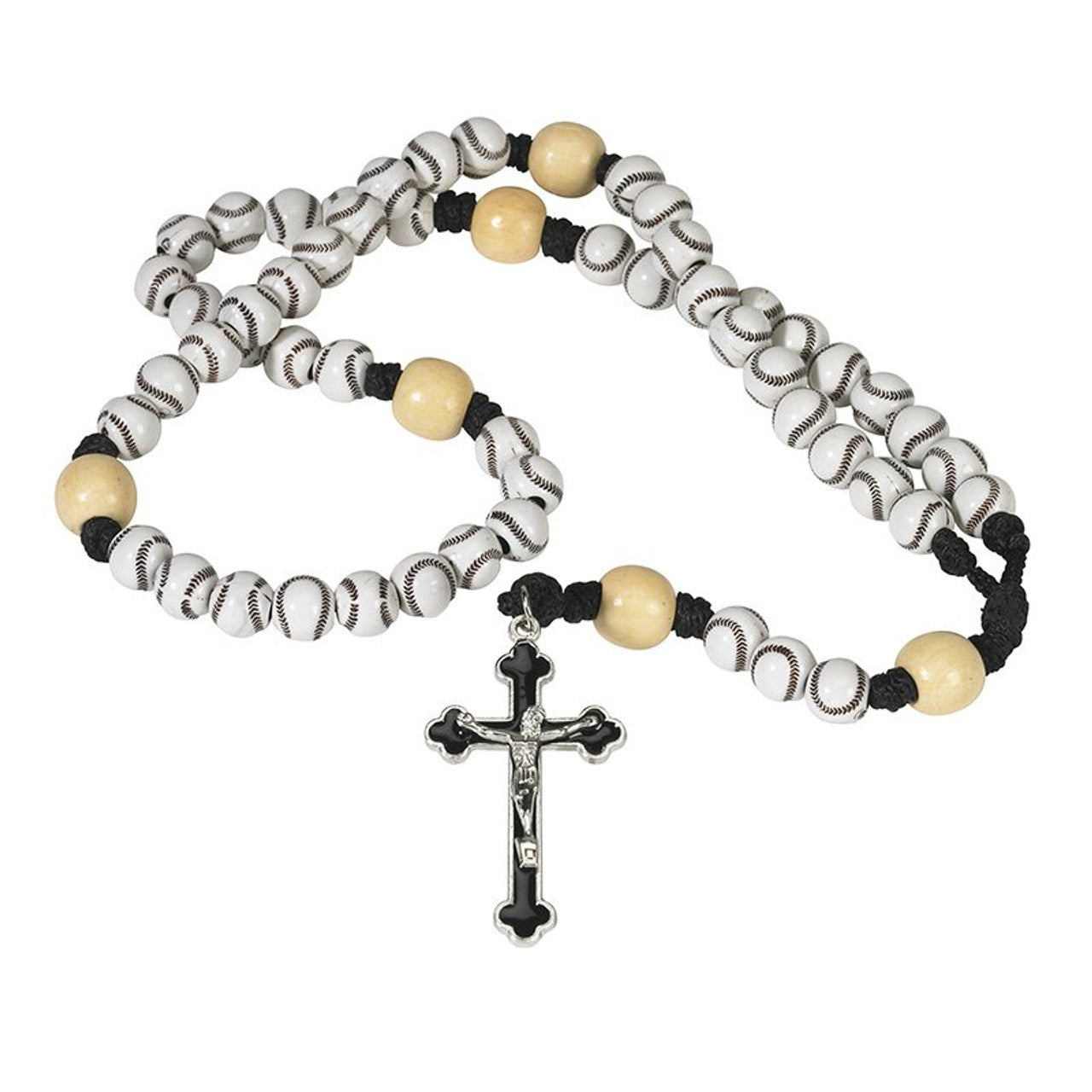 Baseball-themed bead rosary with black and beige accents and black crucifix pendant, designed for sports-loving youth