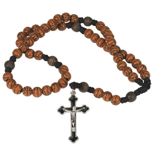 Basketball-themed rosary beads with black cord and silver crucifix, combining faith and sports for kids and teens