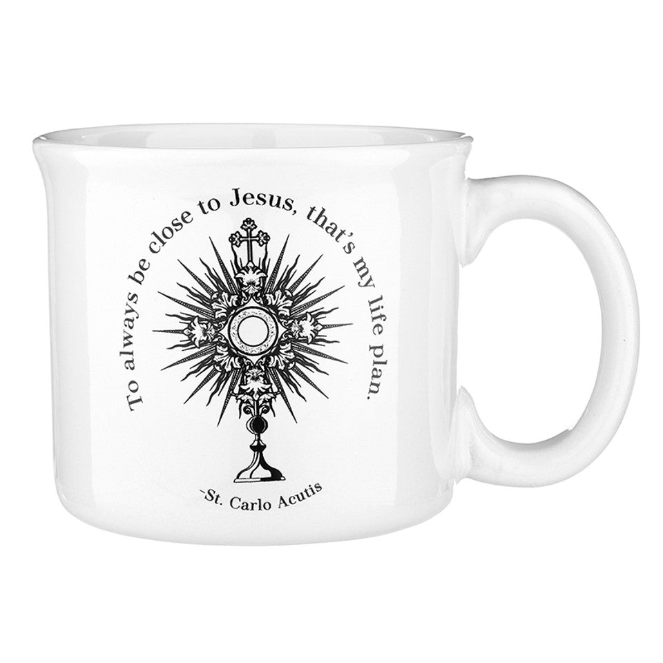 White ceramic mug with black St. Carlo Acutis Eucharistic design and inspirational quote about closeness to Jesus