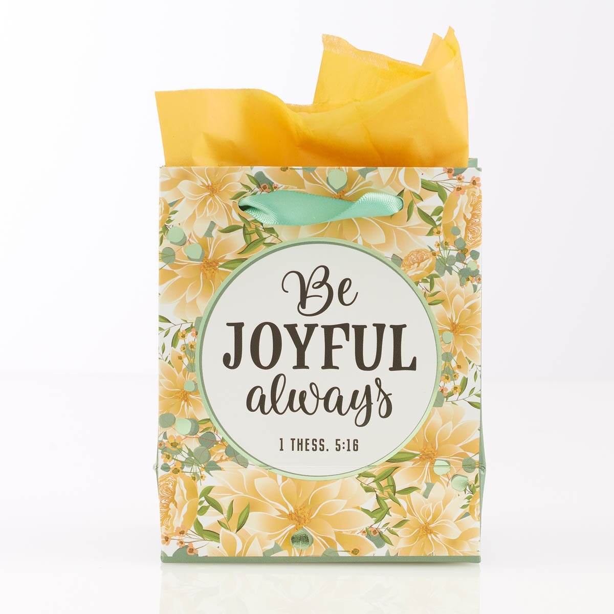 Extra small gift bag with yellow floral design, mint handles, and "Be Joyful Always 1 Thess. 5:16" scripture text