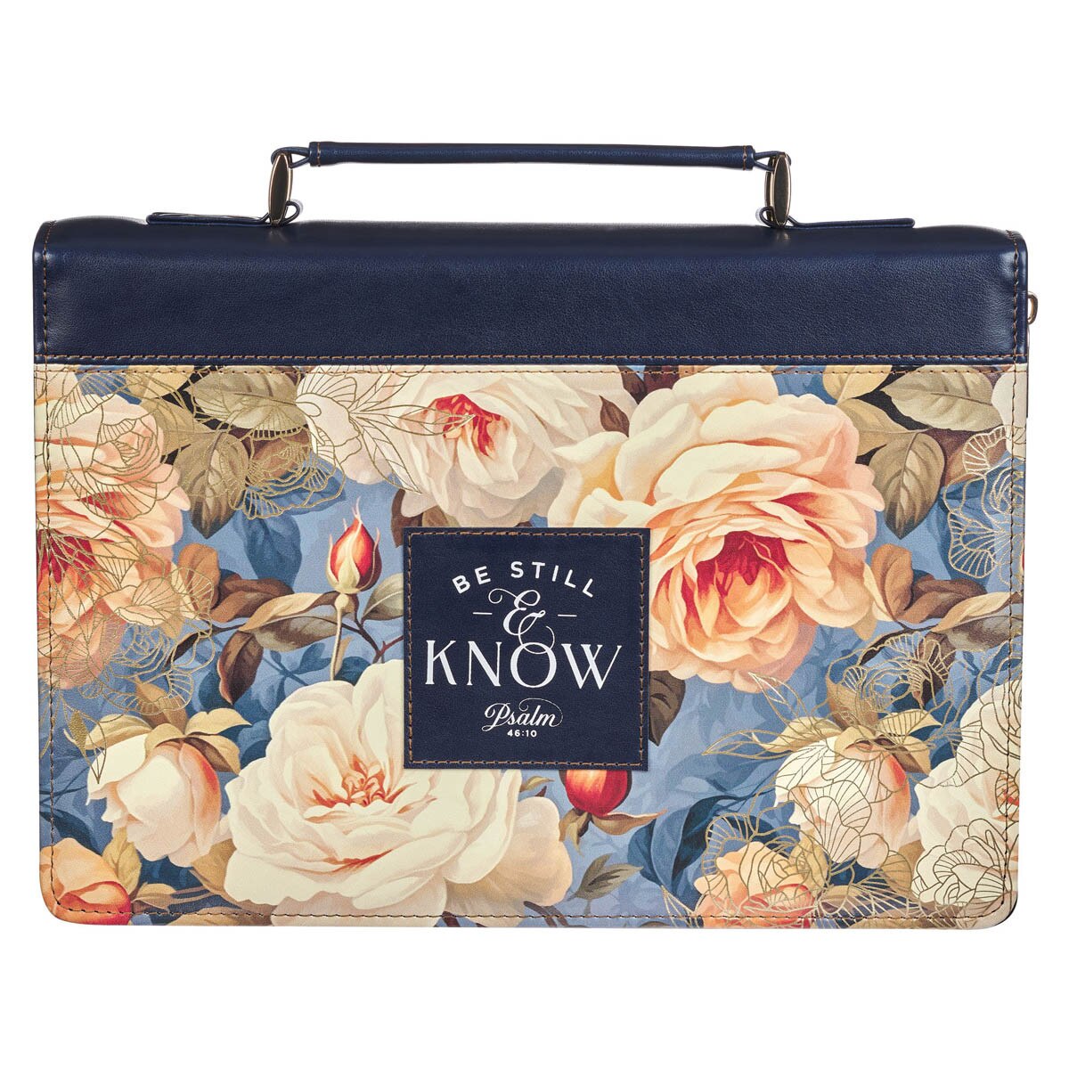 Blue faux leather Bible cover with serene cream and peach roses and stitched "Be Still & Know Psalm 46:10" patch
