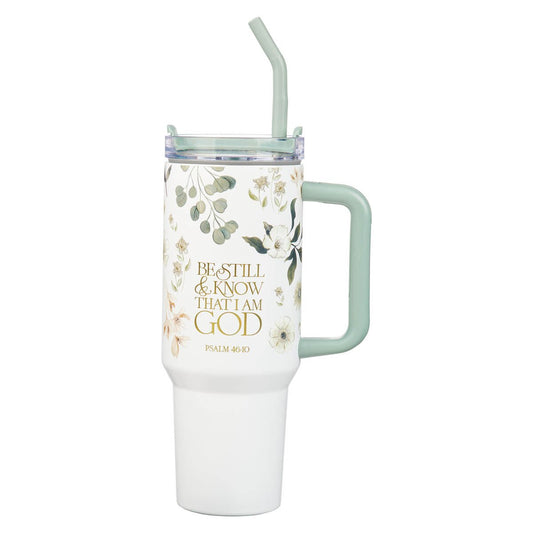 White stainless steel tumbler with sage green handle, reusable straw, floral design, and Psalm 46:10 scripture text