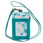 Be Still and Know teal faux leather ID card holder with floral design and white pearl accent, includes lanyard strap
