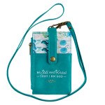 Be Still and Know teal faux leather ID card holder with floral design and white pearl accent, compact and faith-inspired accessory