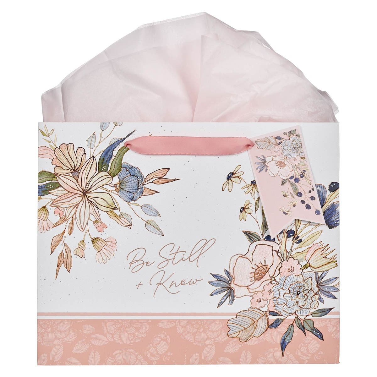 Large landscape gift bag with peach blossom floral design, scripture "Be Still and Know", and pink ribbon handles