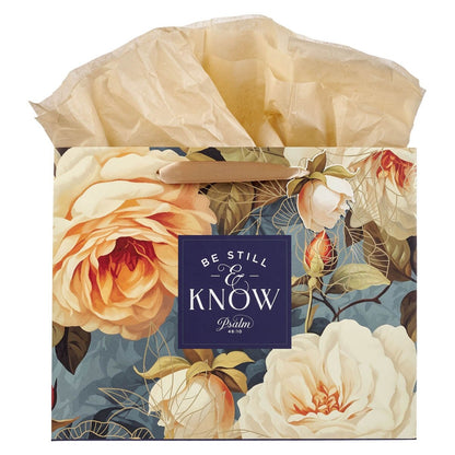 Large landscape gift bag with serene rose design, Psalm 46:10 "Be Still and Know" scripture and beige tissue paper