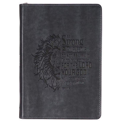 Be Strong and Courageous Classic Gray Faux Leather Journal with Zipper Closure - Joshua 1:9