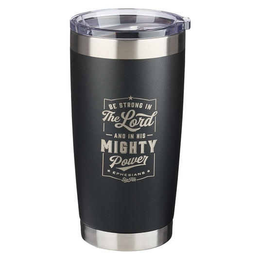 Matte black stainless steel mug with Ephesians 6:10 scripture and clear lid, durable and gift-ready design