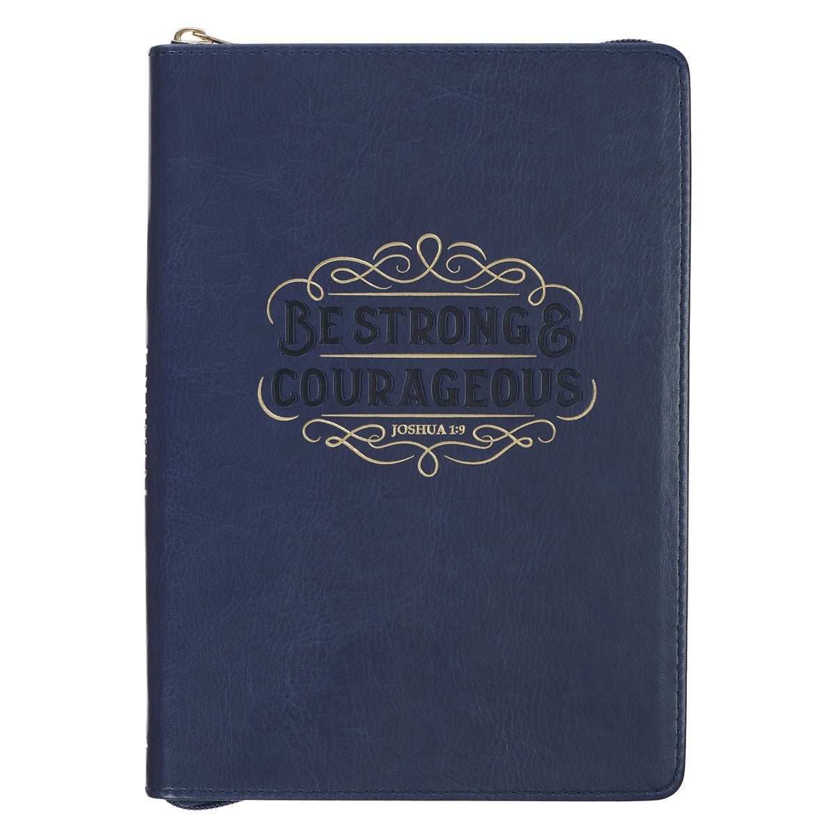 Blue faux leather journal with gold "Be Strong & Courageous Joshua 1:9" embossed design and zipper closure