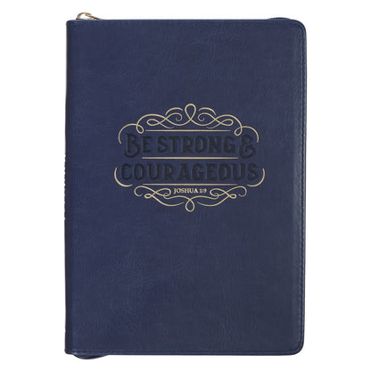 Blue faux leather journal with gold "Be Strong & Courageous Joshua 1:9" embossed design and zipper closure