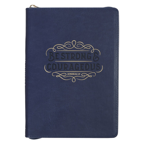 Blue faux leather journal with gold "Be Strong & Courageous Joshua 1:9" embossed design and zipper closure